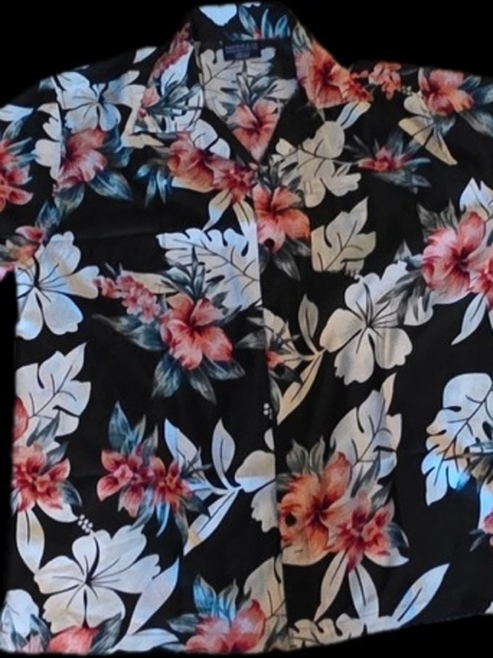 New! Black Floral Hawaiian Button-Up Shirt with Coral Blooms